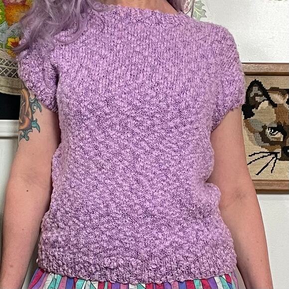 Vintage Lavender Chenille Sweater, 1980s Short Sleeve Pastel Knit Top Sz M-L - Picture 5 of 10